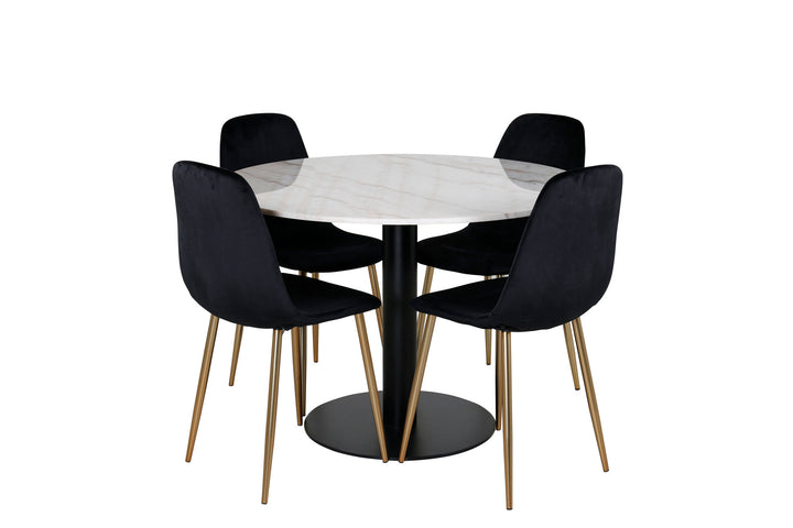 Venture Home Estelle Dining Table round 106cm White marble / Black Legs - Polar Chair - Black Velvet / Matt brass leg 4
