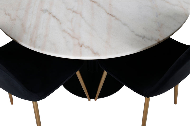 Venture Home Estelle Dining Table round 106cm White marble / Black Legs - Polar Chair - Black Velvet / Matt brass leg 4