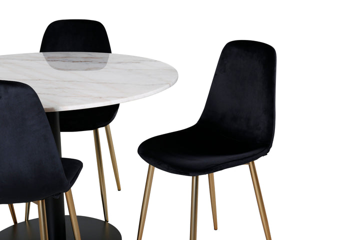 Venture Home Estelle Dining Table round 106cm White marble / Black Legs - Polar Chair - Black Velvet / Matt brass leg 4