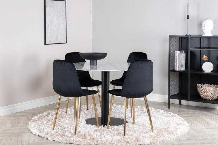 Venture Home Estelle Dining Table round 106cm White marble / Black Legs - Polar Chair - Black Velvet / Matt brass leg 4