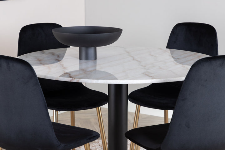Venture Home Estelle Dining Table round 106cm White marble / Black Legs - Polar Chair - Black Velvet / Matt brass leg 4
