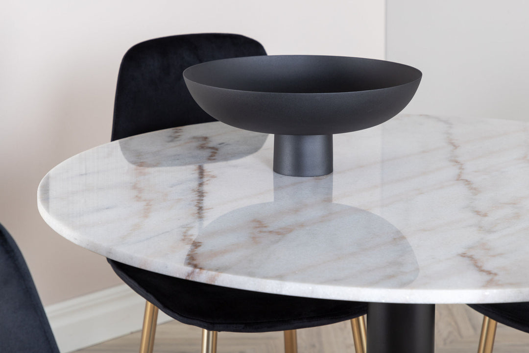 Venture Home Estelle Dining Table round 106cm White marble / Black Legs - Polar Chair - Black Velvet / Matt brass leg 4
