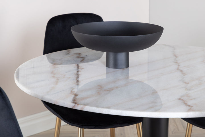 Venture Home Estelle Dining Table round 106cm White marble / Black Legs - Polar Chair - Black Velvet / Matt brass leg 4