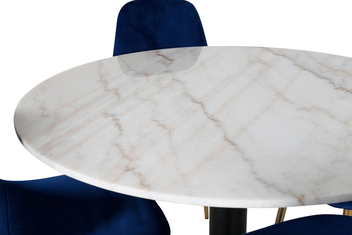 Venture Home Estelle Dining Table round 106cm White marble / Black Legs - Polar Chair - Blue Velvet / Matt brass leg 4