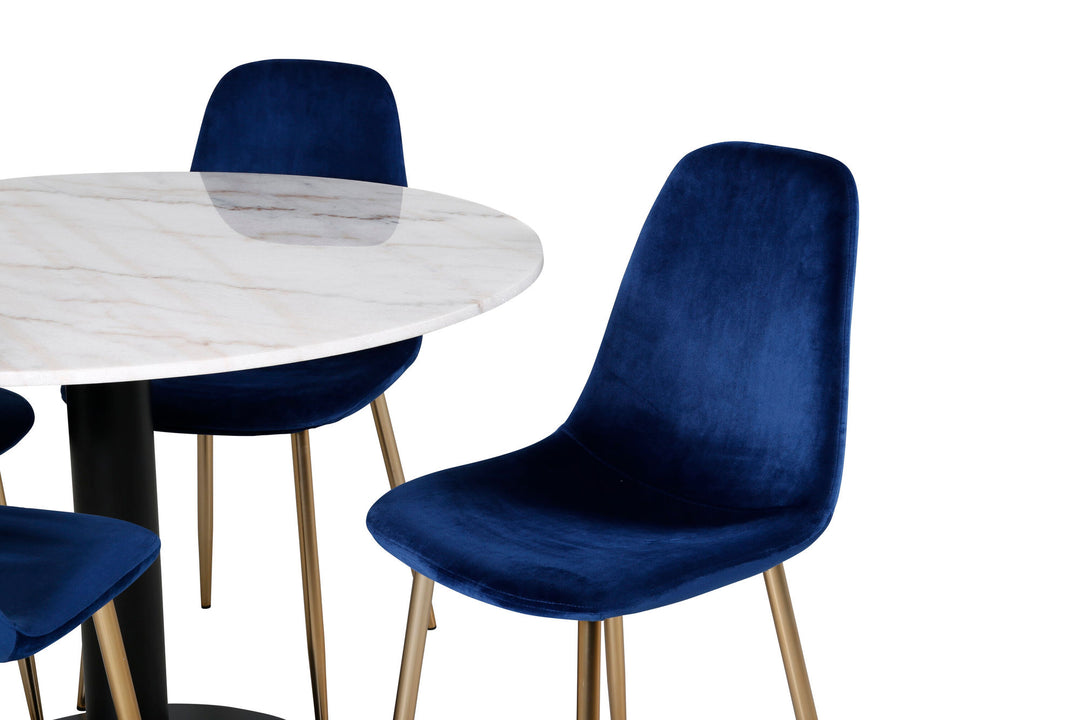 Venture Home Estelle Dining Table round 106cm White marble / Black Legs - Polar Chair - Blue Velvet / Matt brass leg 4