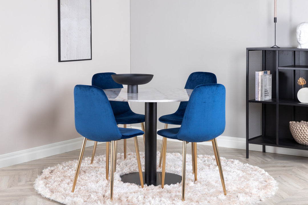 Venture Home Estelle Dining Table round 106cm White marble / Black Legs - Polar Chair - Blue Velvet / Matt brass leg 4
