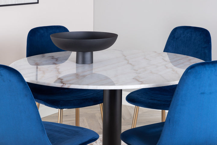 Venture Home Estelle Dining Table round 106cm White marble / Black Legs - Polar Chair - Blue Velvet / Matt brass leg 4
