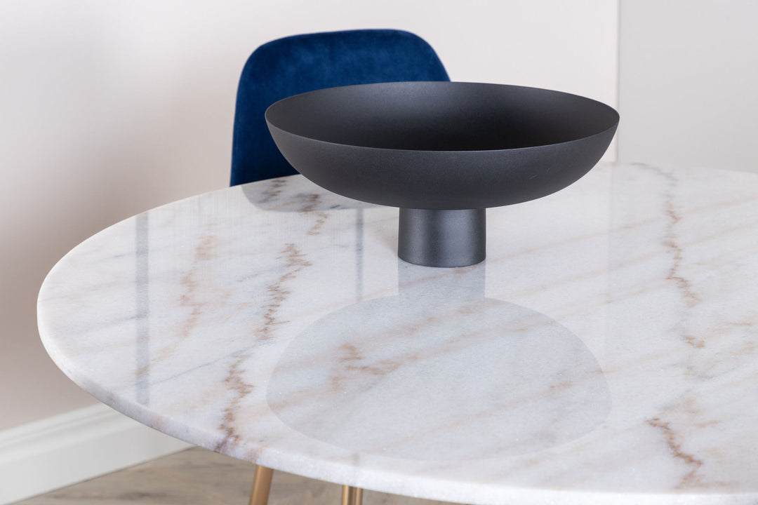 Venture Home Estelle Dining Table round 106cm White marble / Black Legs - Polar Chair - Blue Velvet / Matt brass leg 4