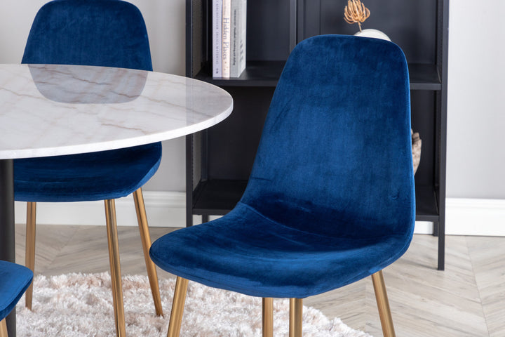 Venture Home Estelle Dining Table round 106cm White marble / Black Legs - Polar Chair - Blue Velvet / Matt brass leg 4