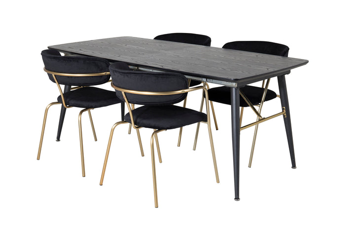 Venture Home Gold Extention table - 180/220*85*H76 Black Veneer - Black legs - Brass details+Arrow armchair - Brass Legs - Black Velvet_4