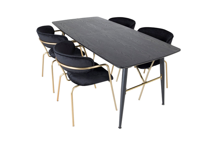 Venture Home Gold Extention table - 180/220*85*H76 Black Veneer - Black legs - Brass details+Arrow armchair - Brass Legs - Black Velvet_4