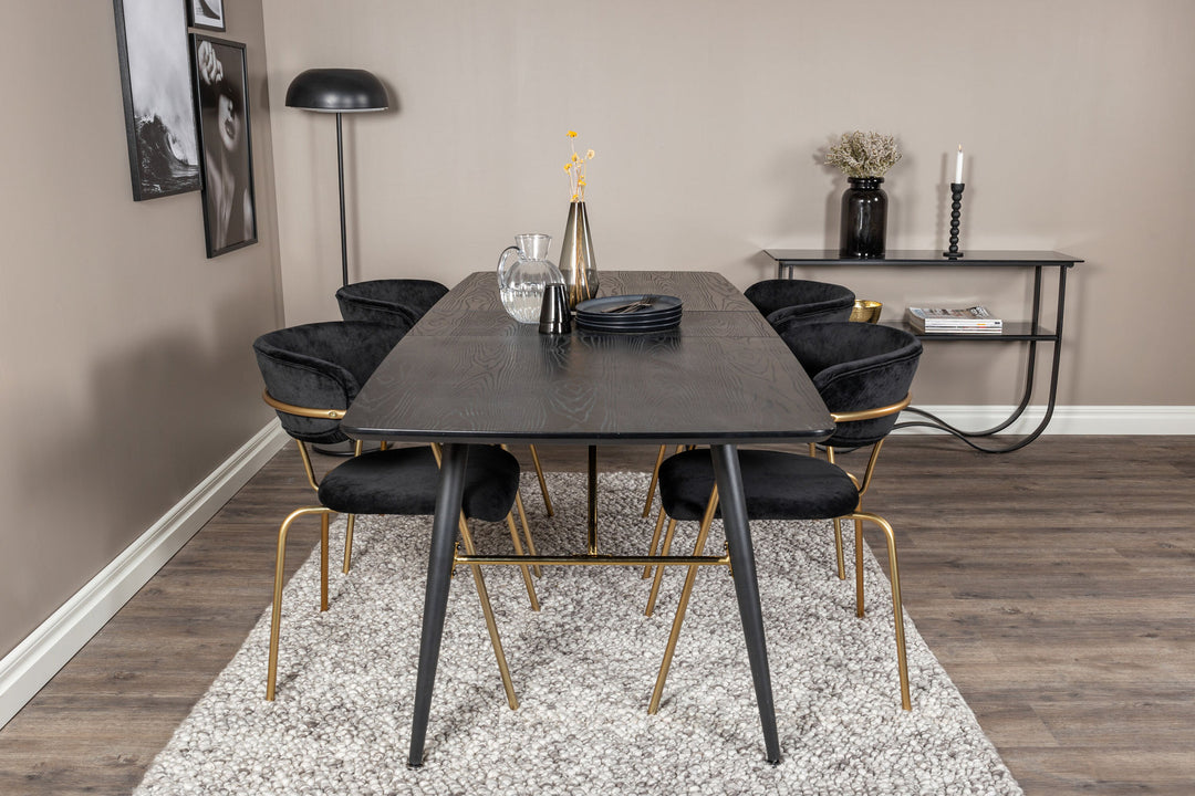 Venture Home Gold Extention table - 180/220*85*H76 Black Veneer - Black legs - Brass details+Arrow armchair - Brass Legs - Black Velvet_4