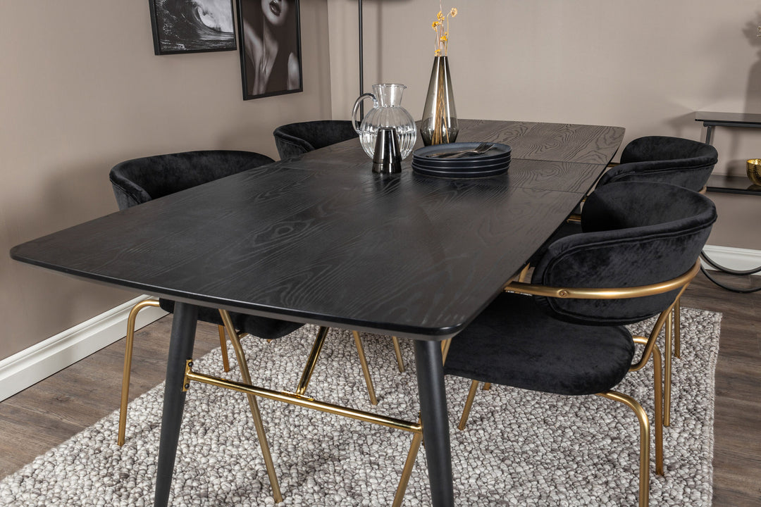 Venture Home Gold Extention table - 180/220*85*H76 Black Veneer - Black legs - Brass details+Arrow armchair - Brass Legs - Black Velvet_4