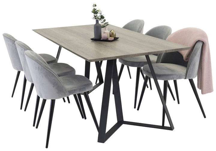 Venture Home Marina Dining table - Grey wood / black (1) + Velvet Chair - Grey (6)