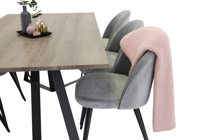 Venture Home Marina Dining table - Grey wood / black (1) + Velvet Chair - Grey (6)