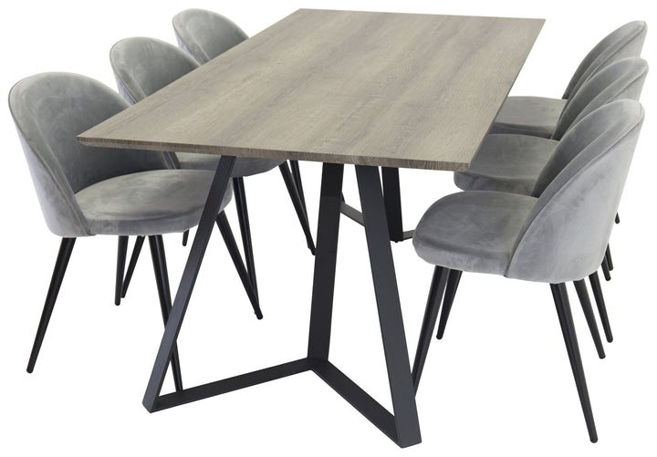 Venture Home Marina Dining table - Grey wood / black (1) + Velvet Chair - Grey (6)