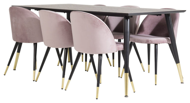 Venture Home Dipp Dining Table - 180*90cm - Black Veneer / black legs w brass dipp - Velvet Dining Chair Brass - Pink / Black 6