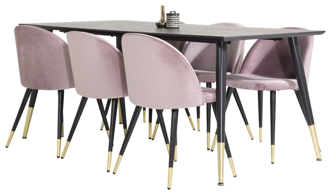 Venture Home Dipp Dining Table - 180*90cm - Black Veneer / black legs w brass dipp - Velvet Dining Chair Brass - Pink / Black 6