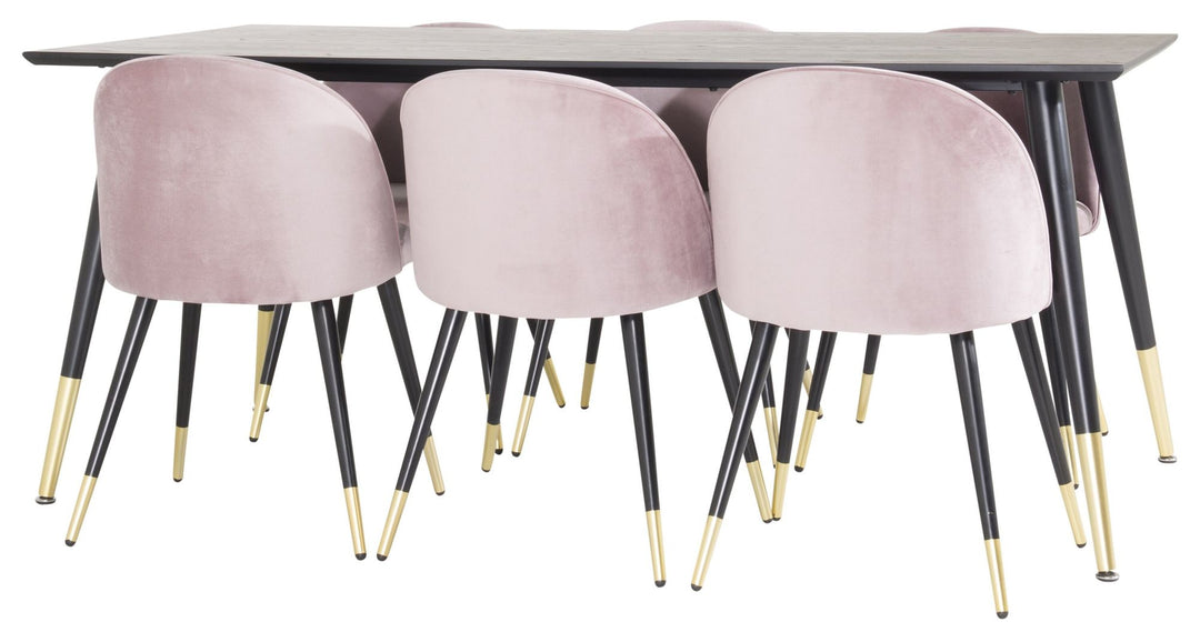 Venture Home Dipp Dining Table - 180*90cm - Black Veneer / black legs w brass dipp - Velvet Dining Chair Brass - Pink / Black 6