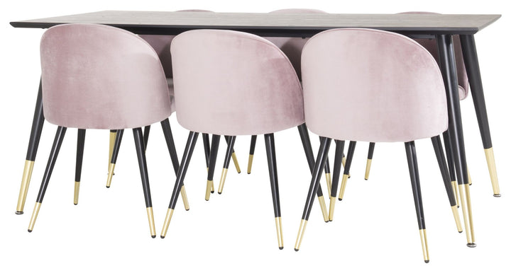 Venture Home Dipp Dining Table - 180*90cm - Black Veneer / black legs w brass dipp - Velvet Dining Chair Brass - Pink / Black 6