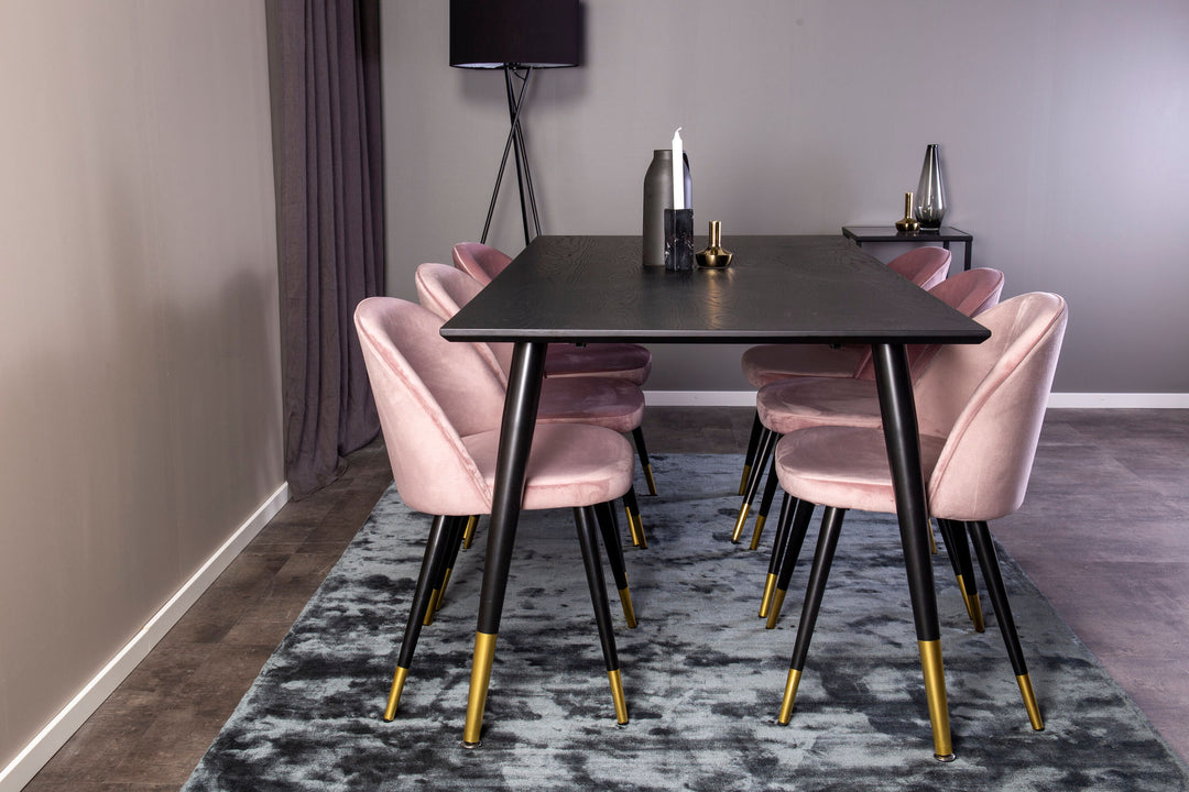 Venture Home Dipp Dining Table - 180*90cm - Black Veneer / black legs w brass dipp - Velvet Dining Chair Brass - Pink / Black 6