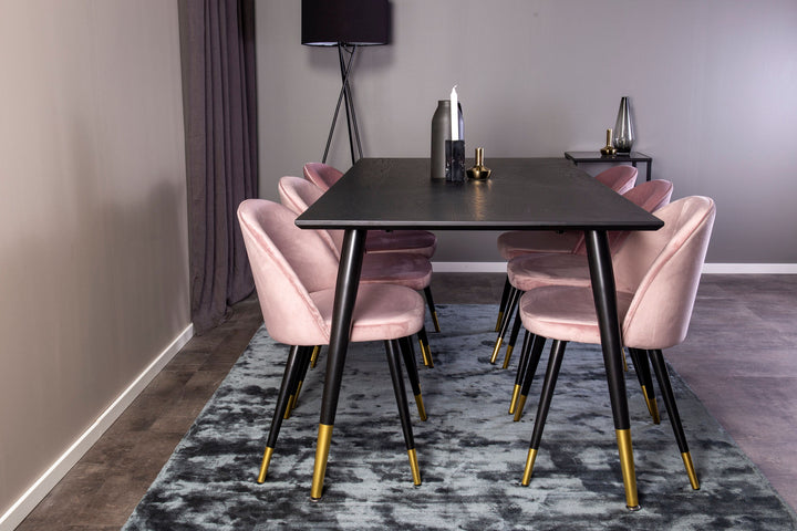 Venture Home Dipp Dining Table - 180*90cm - Black Veneer / black legs w brass dipp - Velvet Dining Chair Brass - Pink / Black 6