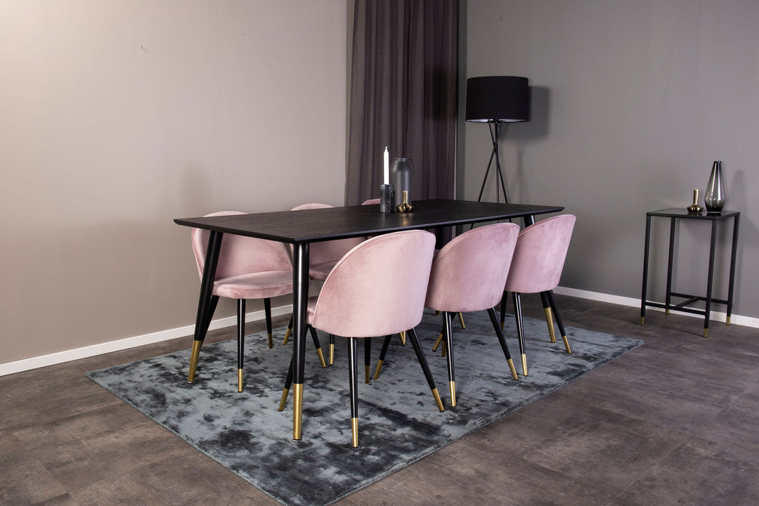 Venture Home Dipp Dining Table - 180*90cm - Black Veneer / black legs w brass dipp - Velvet Dining Chair Brass - Pink / Black 6