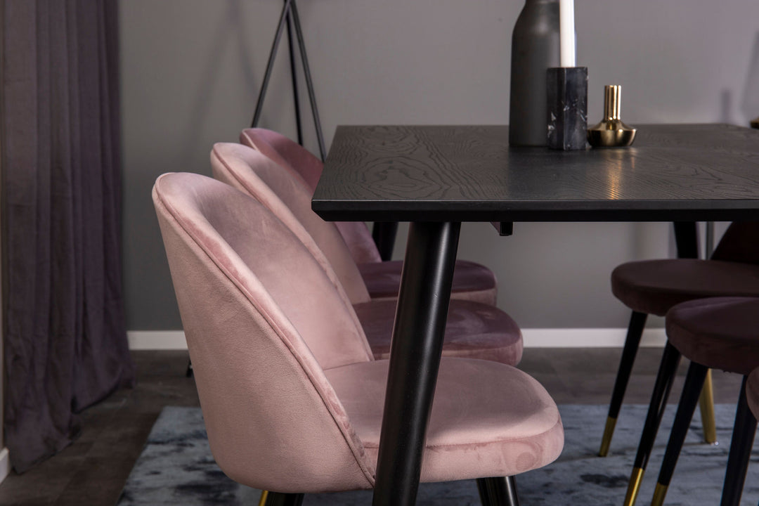 Venture Home Dipp Dining Table - 180*90cm - Black Veneer / black legs w brass dipp - Velvet Dining Chair Brass - Pink / Black 6