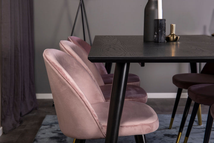 Venture Home Dipp Dining Table - 180*90cm - Black Veneer / black legs w brass dipp - Velvet Dining Chair Brass - Pink / Black 6