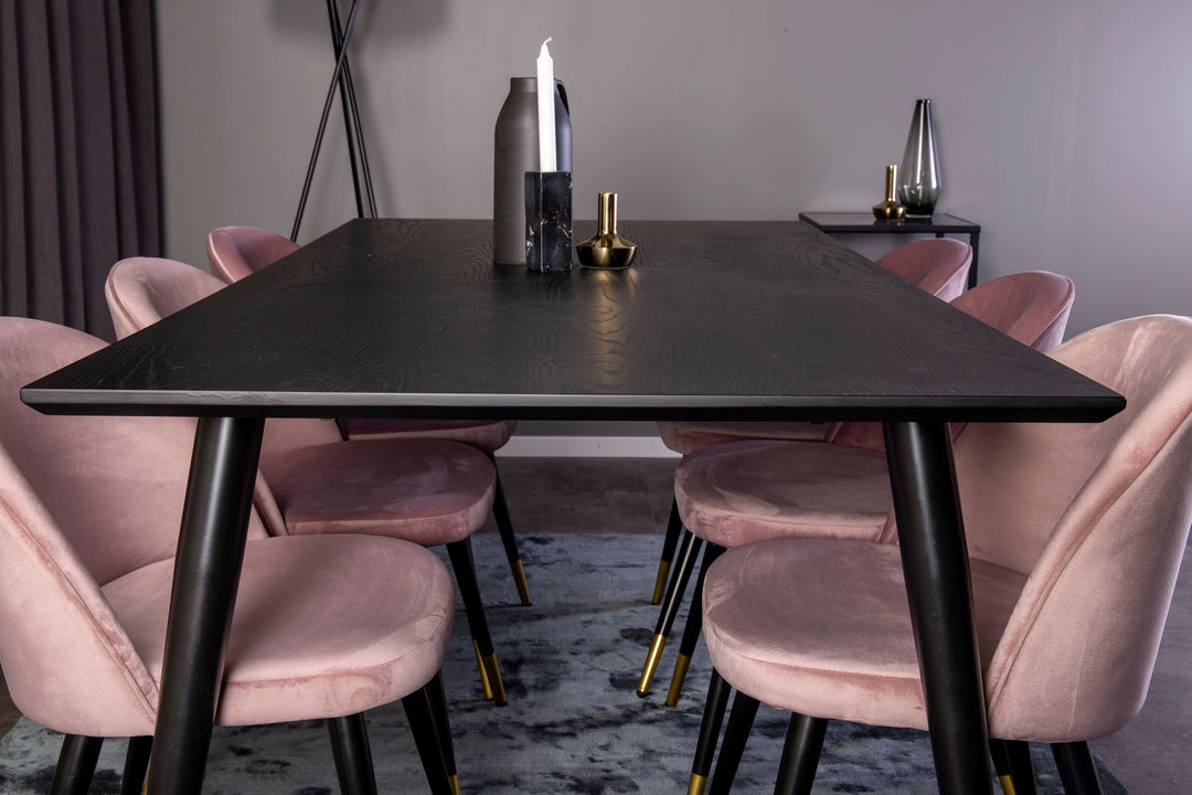Venture Home Dipp Dining Table - 180*90cm - Black Veneer / black legs w brass dipp - Velvet Dining Chair Brass - Pink / Black 6