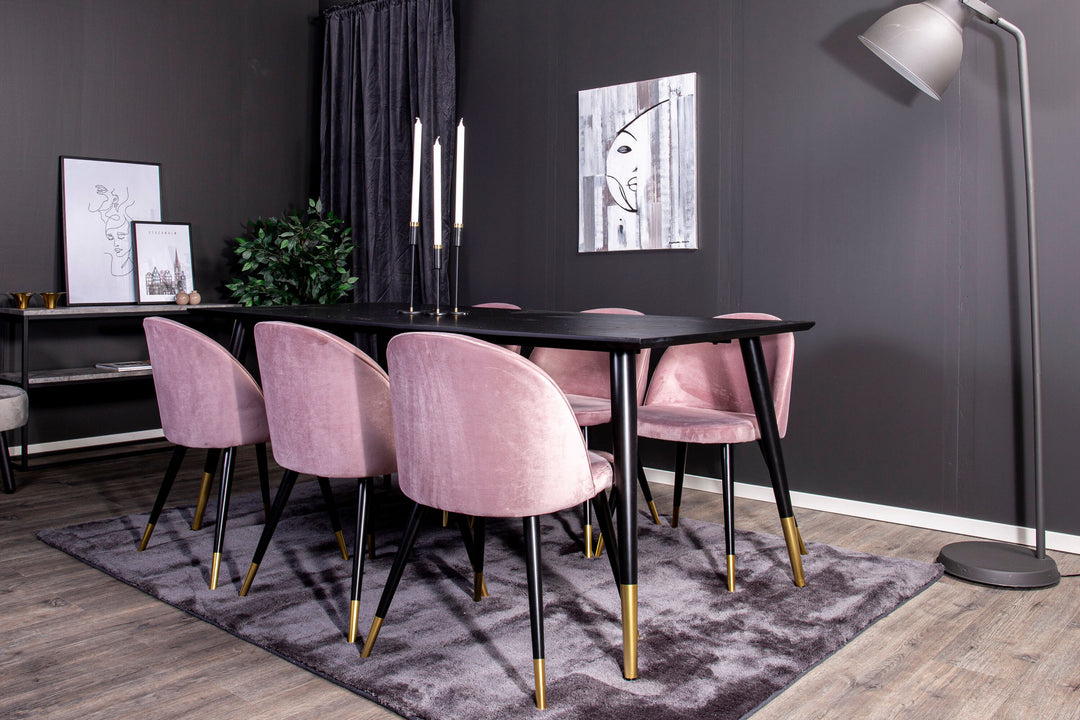 Venture Home Dipp Dining Table - 180*90cm - Black Veneer / black legs w brass dipp - Velvet Dining Chair Brass - Pink / Black 6