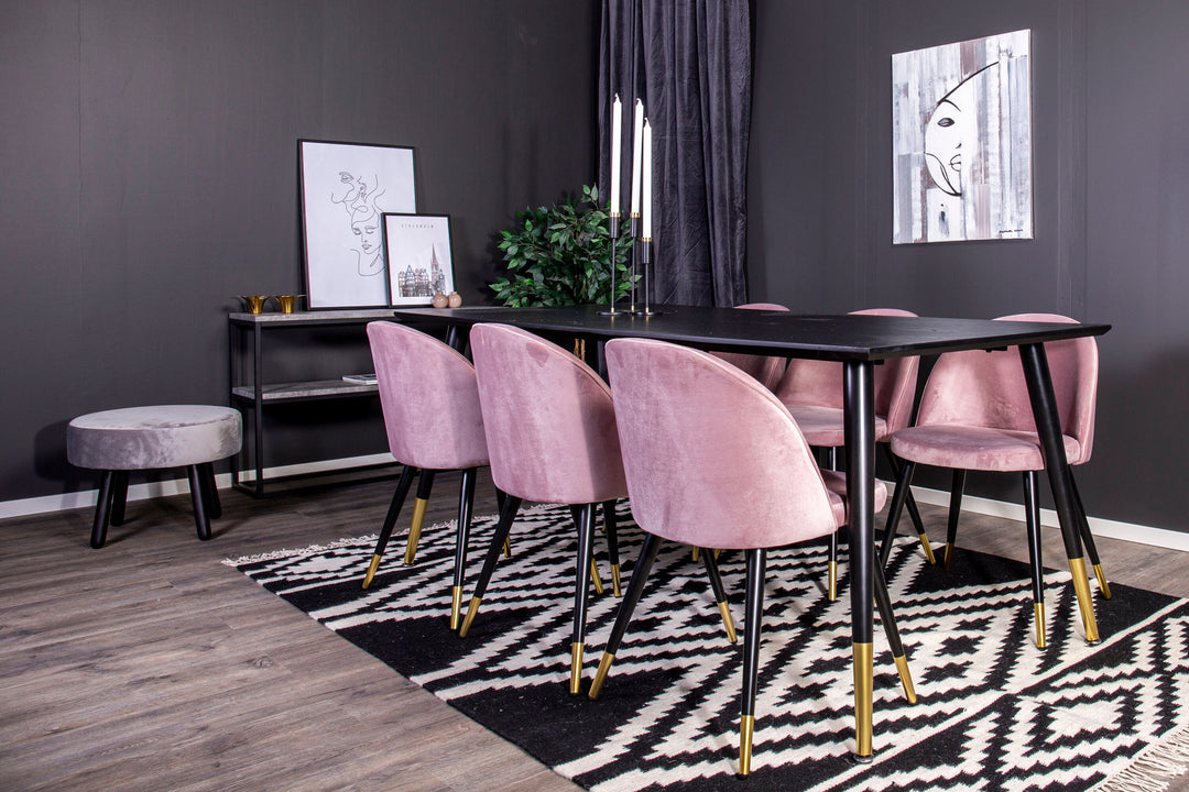 Venture Home Dipp Dining Table - 180*90cm - Black Veneer / black legs w brass dipp - Velvet Dining Chair Brass - Pink / Black 6