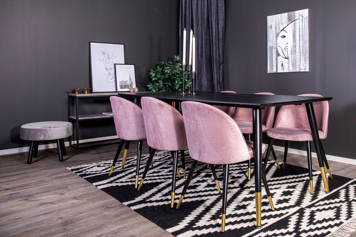 Venture Home Dipp Dining Table - 180*90cm - Black Veneer / black legs w brass dipp - Velvet Dining Chair Brass - Pink / Black 6