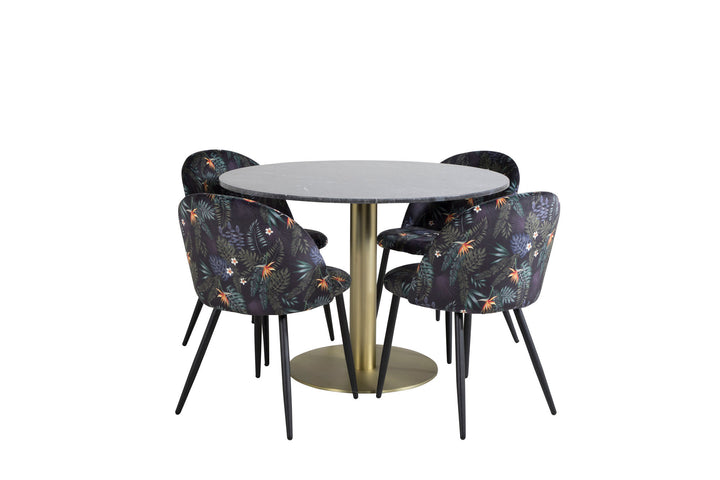 Venture Home Estelle Round Dining Table ø106 H75 - Black / Brass+Velvet Dining Chair - Black Flower fabric_4