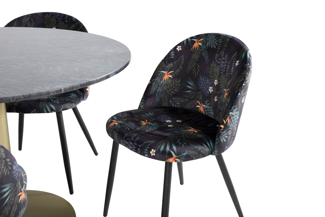 Venture Home Estelle Round Dining Table ø106 H75 - Black / Brass+Velvet Dining Chair - Black Flower fabric_4