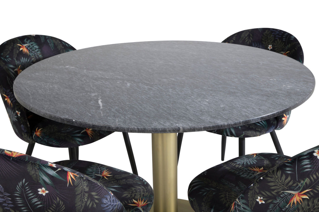 Venture Home Estelle Round Dining Table ø106 H75 - Black / Brass+Velvet Dining Chair - Black Flower fabric_4