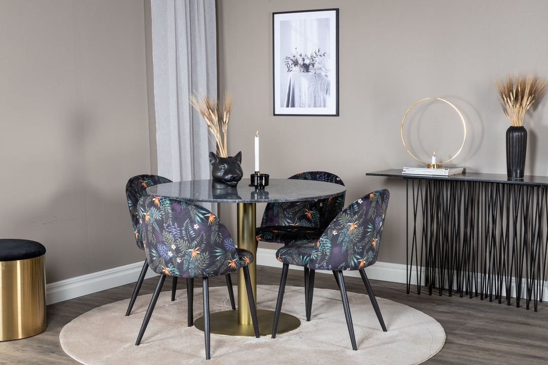 Venture Home Estelle Round Dining Table ø106 H75 - Black / Brass+Velvet Dining Chair - Black Flower fabric_4