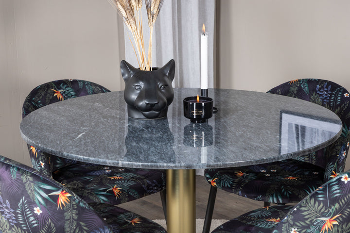 Venture Home Estelle Round Dining Table ø106 H75 - Black / Brass+Velvet Dining Chair - Black Flower fabric_4