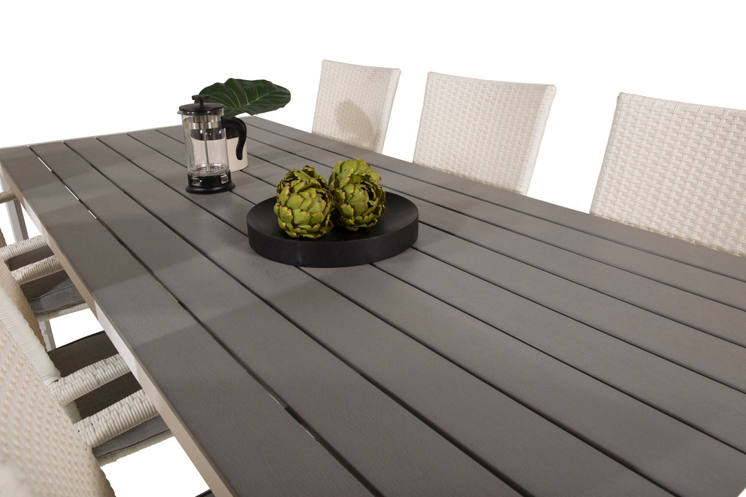 Venture Home Break Dining Table - 205*90 - White Alu / Grey Aintwood+Anna Arm Chair (stackabl