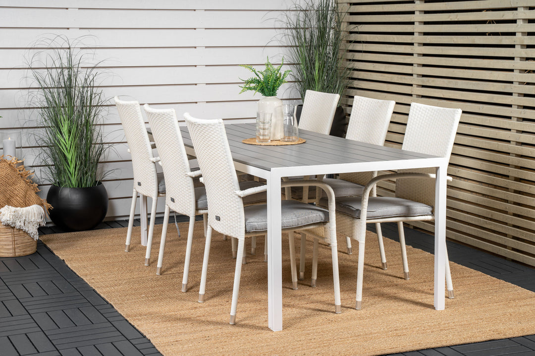 Venture Home Break Dining Table - 205*90 - White Alu / Grey Aintwood+Anna Arm Chair (stackabl
