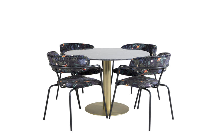 Venture Home Estelle Round Dining Table ø106 H75 - Black / Brass+Arrow armchair - Black Legs - Black Flower printed Fabric_4