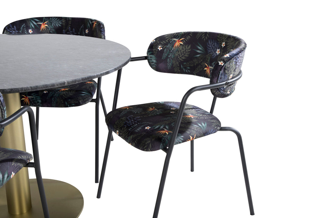 Venture Home Estelle Round Dining Table ø106 H75 - Black / Brass+Arrow armchair - Black Legs - Black Flower printed Fabric_4