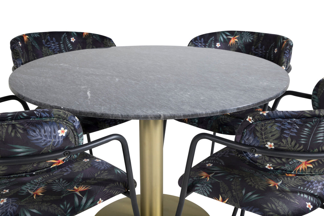Venture Home Estelle Round Dining Table ø106 H75 - Black / Brass+Arrow armchair - Black Legs - Black Flower printed Fabric_4