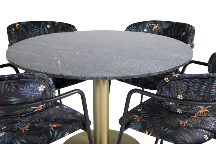 Venture Home Estelle Round Dining Table ø106 H75 - Black / Brass+Arrow armchair - Black Legs - Black Flower printed Fabric_4
