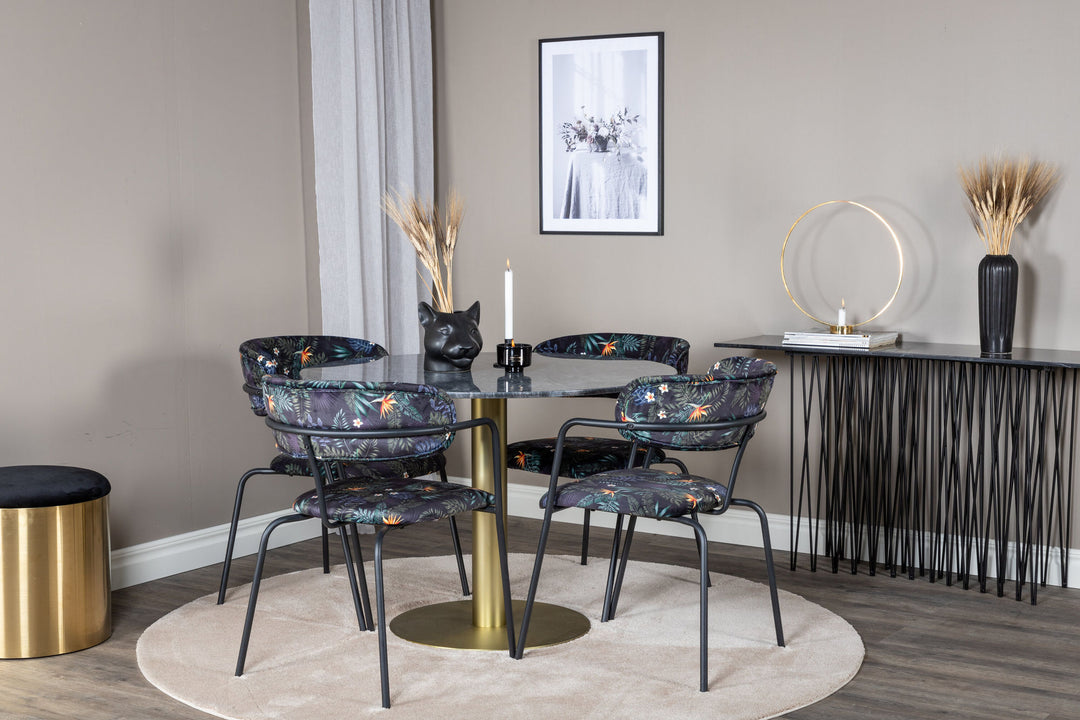 Venture Home Estelle Round Dining Table ø106 H75 - Black / Brass+Arrow armchair - Black Legs - Black Flower printed Fabric_4