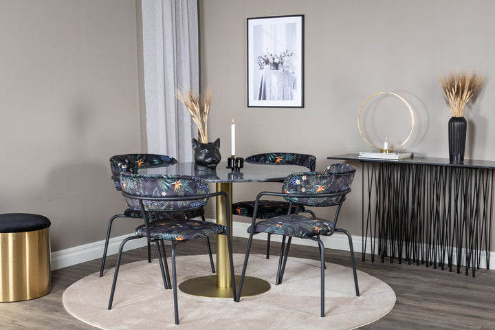Venture Home Estelle Round Dining Table ø106 H75 - Black / Brass+Arrow armchair - Black Legs - Black Flower printed Fabric_4