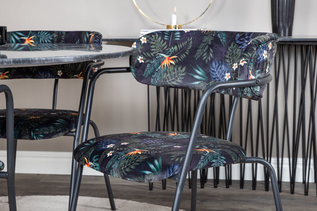Venture Home Estelle Round Dining Table ø106 H75 - Black / Brass+Arrow armchair - Black Legs - Black Flower printed Fabric_4