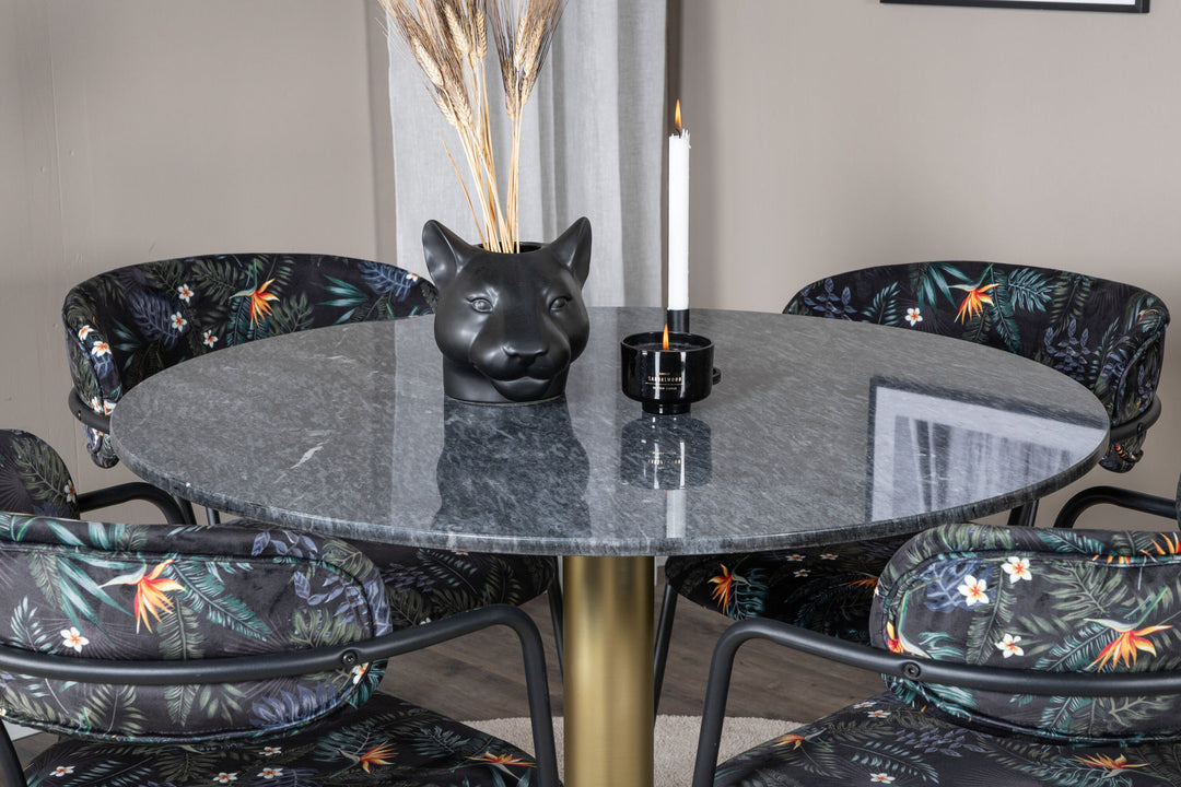 Venture Home Estelle Round Dining Table ø106 H75 - Black / Brass+Arrow armchair - Black Legs - Black Flower printed Fabric_4