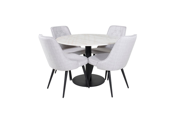 Venture Home Estelle Round Dining Table ø106 H75 - White / Black+Velvet Deluxe Dining Chair - Black Legs - Light Grey Fabric_4