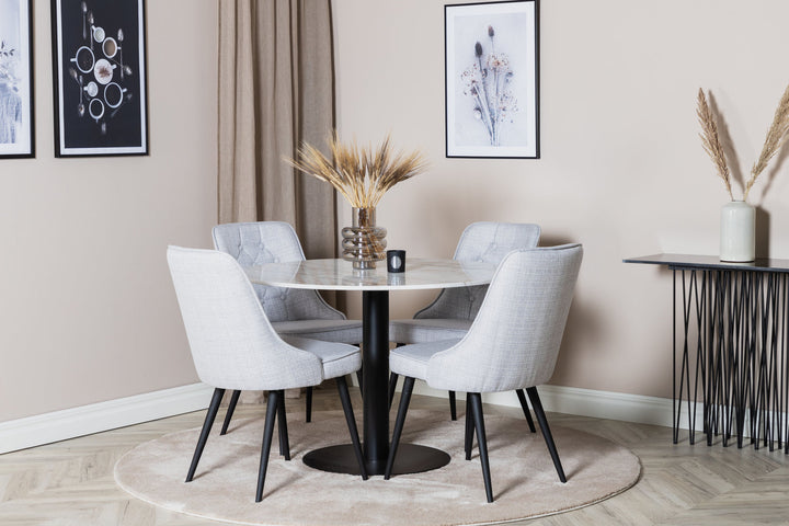 Venture Home Estelle Round Dining Table ø106 H75 - White / Black+Velvet Deluxe Dining Chair - Black Legs - Light Grey Fabric_4